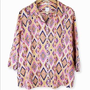 Chico's 100% Linen No Iron Tribal Aztec Southwestern Shirt